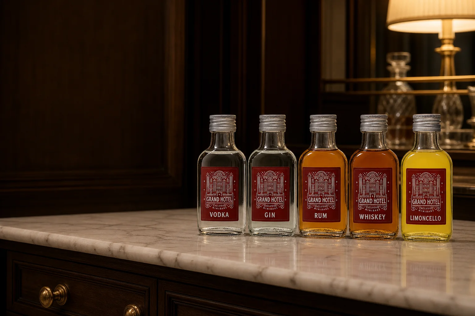 Famiglia di bottiglie 100 ml Vodka, Gin, Rum, Whiskey e Limoncello Grand Hotel Minibar
